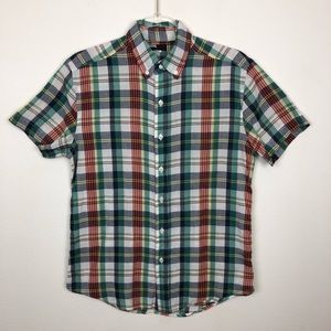 BDG Plaid Boyfriend Fit Button Up Short Sleeve Top